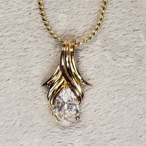 Crystal Rhinestone Teardrop Pendant with Gold Necklace